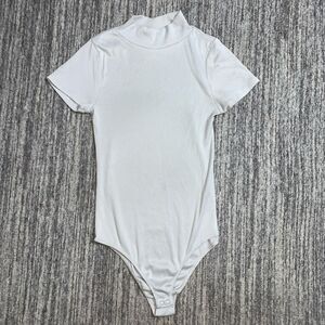 Poof New York Women's Small Cream Knit Short Sleeve One Piece Bodysuit High Neck
